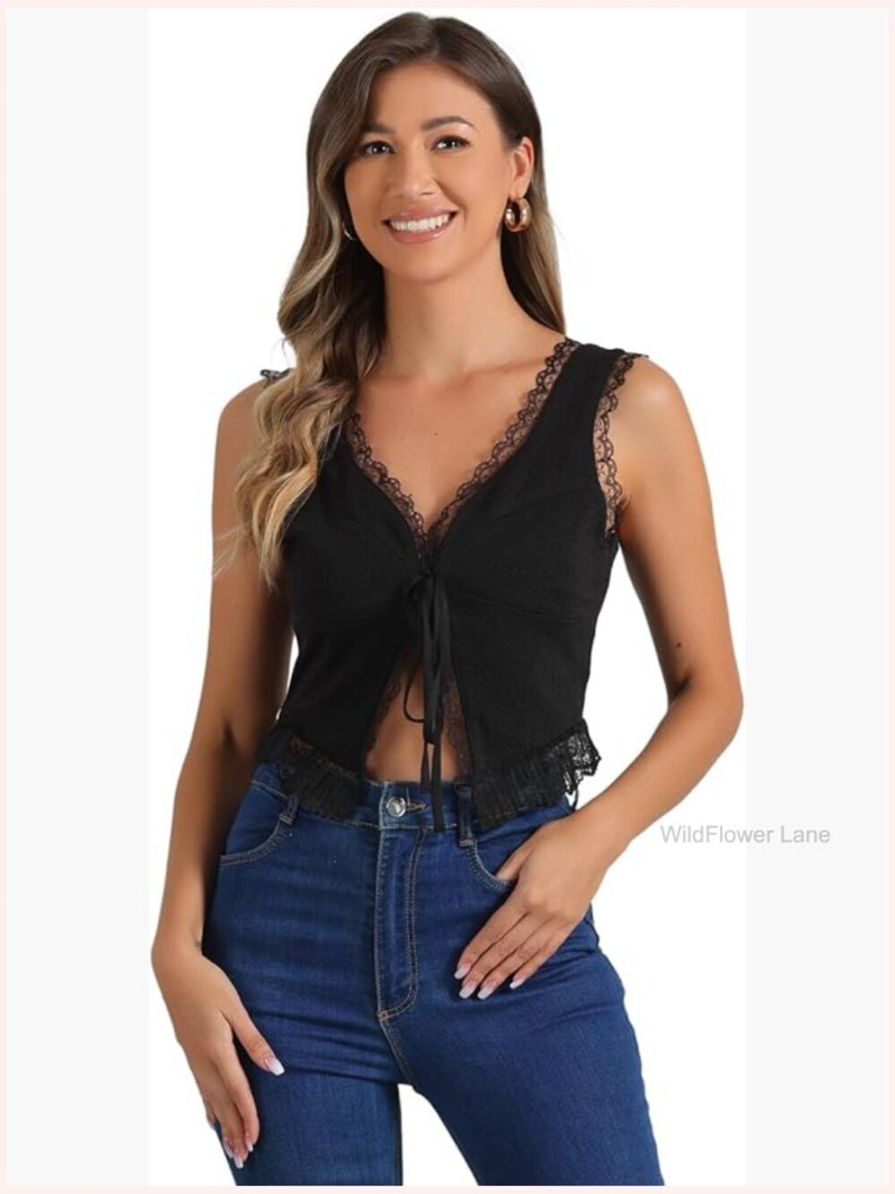 Sleeveless Tie Front Lace Trim Cropped Tank Top Summer Shrug
